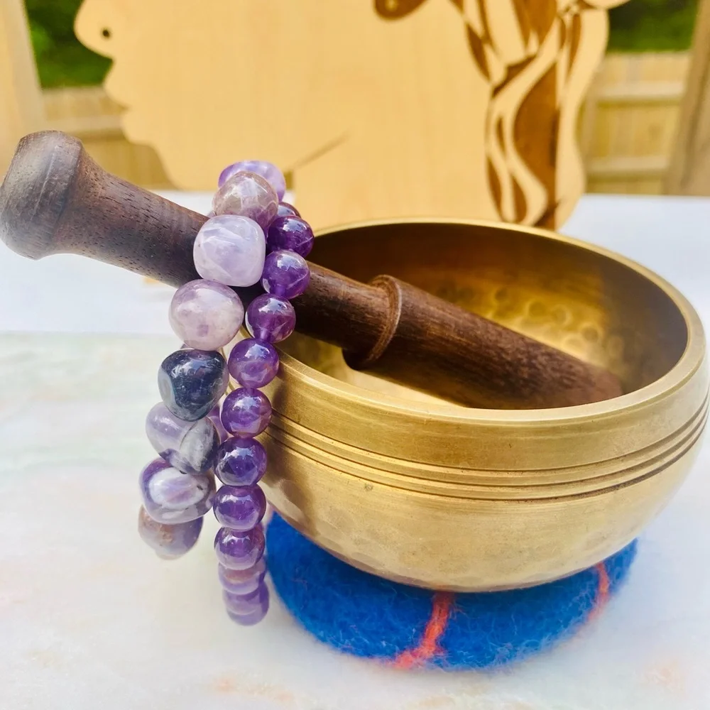 Purple Dream Amethyst Stone of Spirituality Nugget & Round Bead Bracelets 2pcs